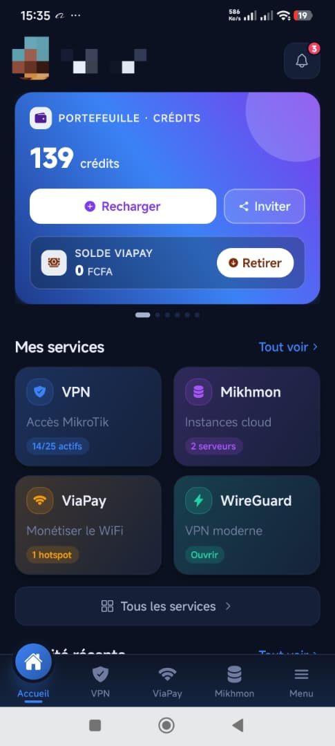 Écran d'accueil de l'application Viamikro